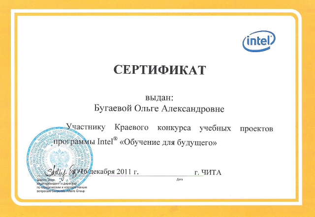 Сертификат участнику Краевого конкурса учебных проектов программы Intel 